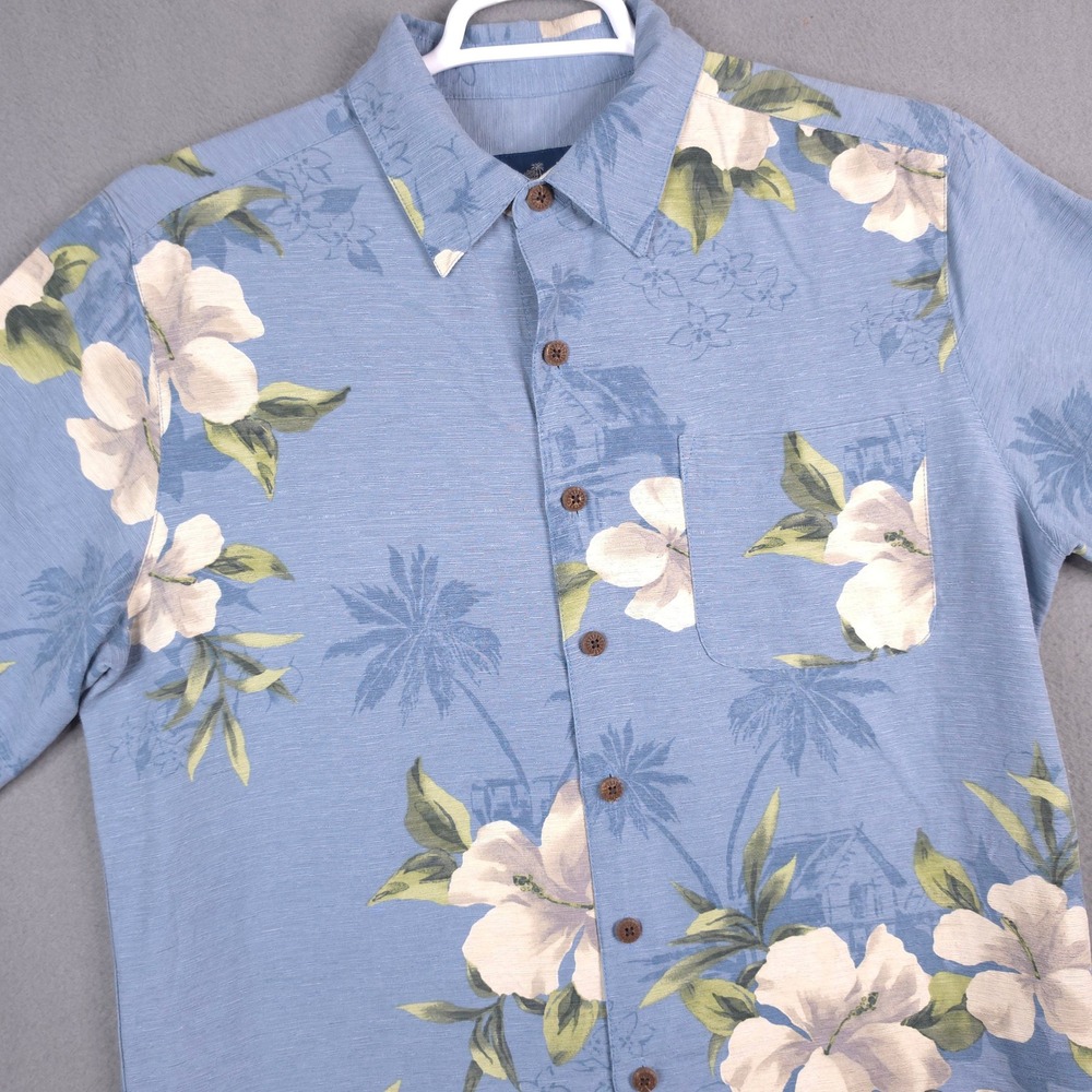 Caribbean Joe Mens Medium Blue Floral Hibiscus 100% Silk SS Button Shirt
